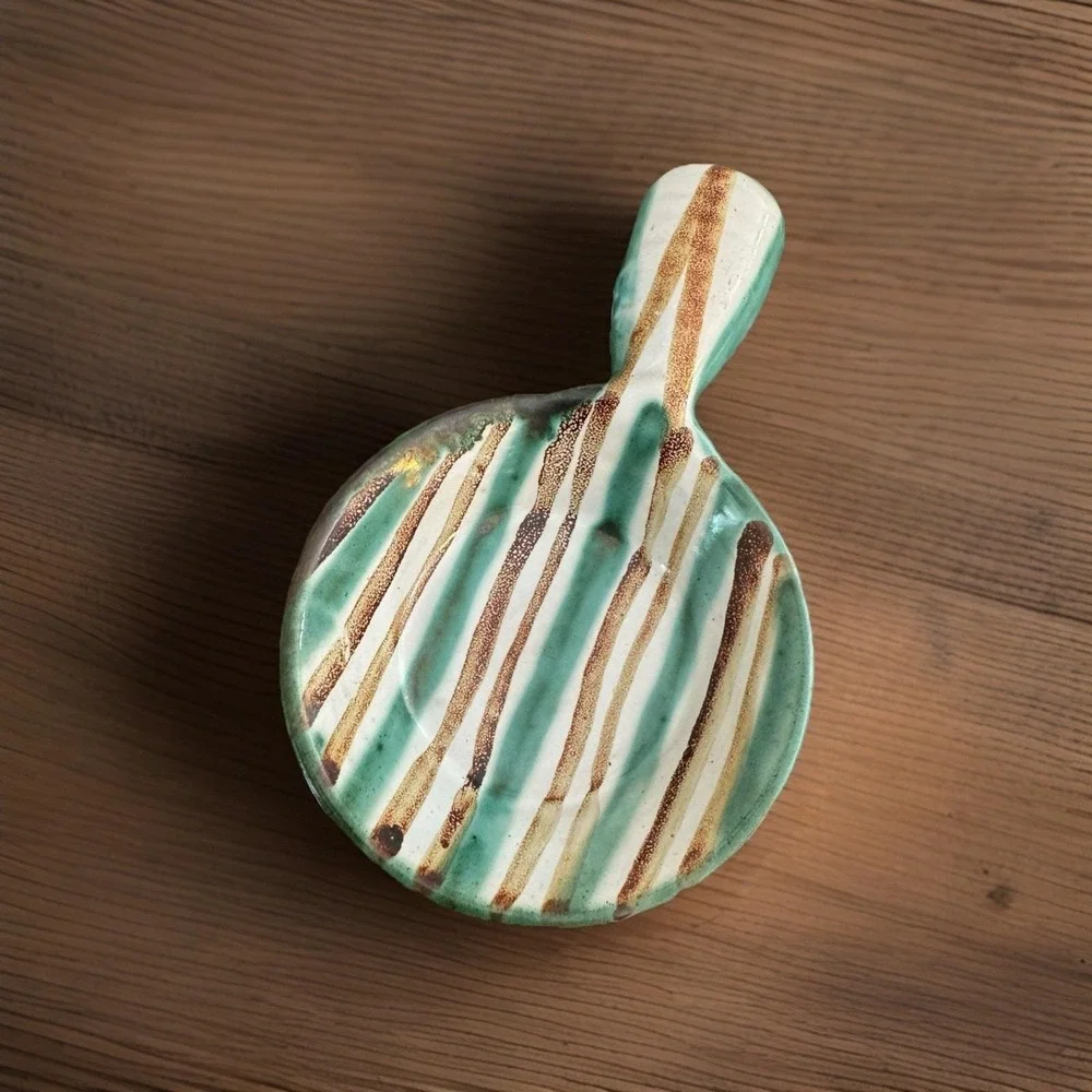 Robert Picault Vallauris France Handled Dish MCM Green Brown Stripes Pottery VTG